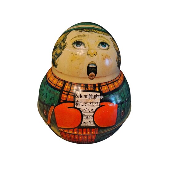 Vintage Cheinco Caroller Christmas Tin Silent Night Kitsch Fun Round Red Mittens - Picture 1 of 5